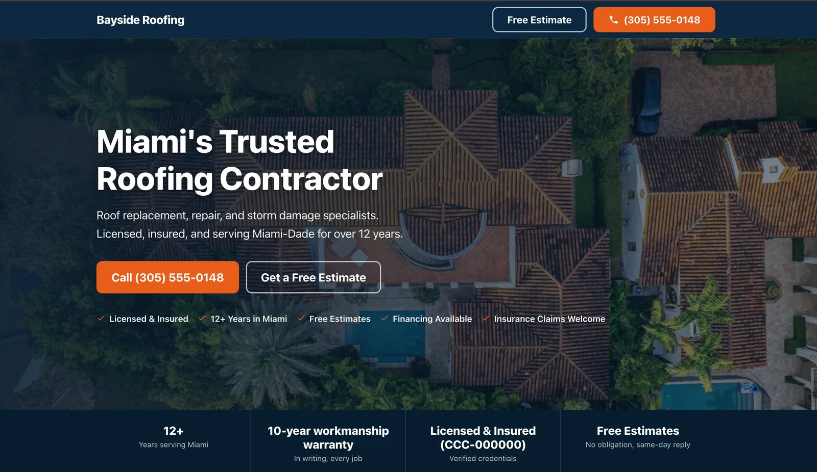 Bayside Roofing website, a Miami roofing contractor with estimate request and tap-to-call